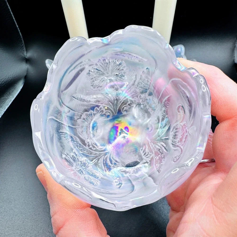 Imperial Iridescent White Carnival Glass Vtg. Floral Candle Console Set 3 Footed